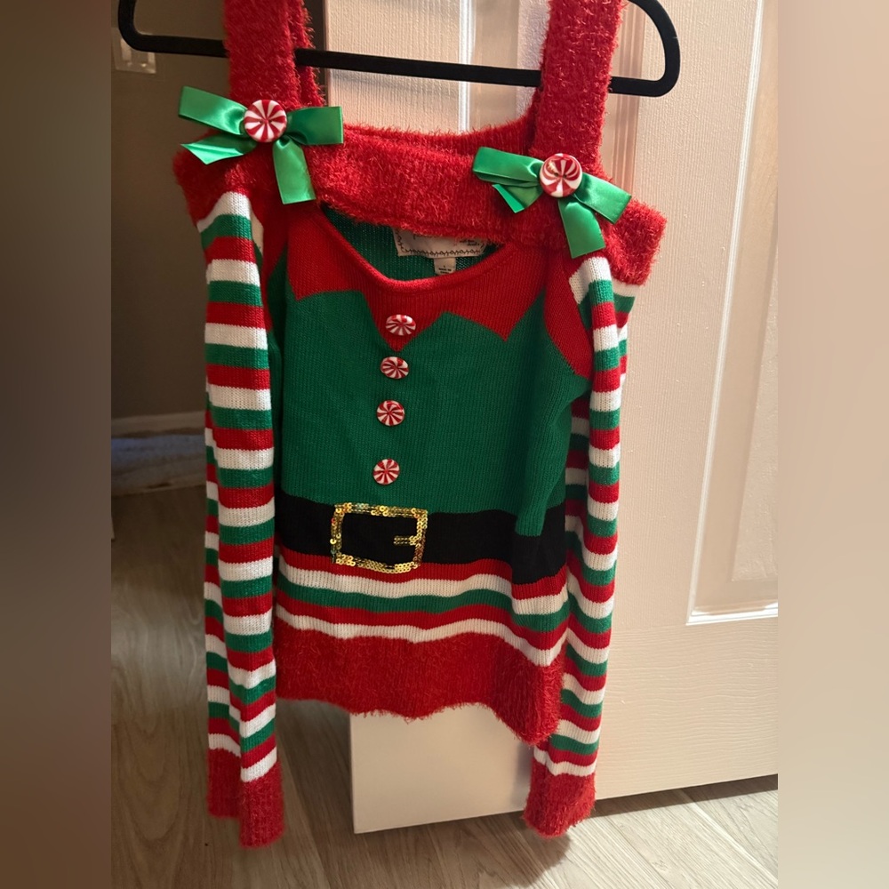 Festive Christmas Red and Green Elf Sweater, off the shoulder